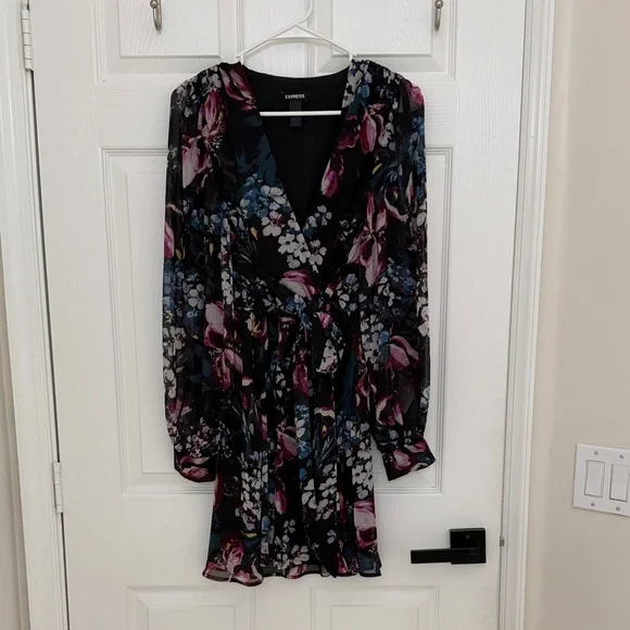 Express Floral Long Sleeve Dress - Black and Purple - Picture 2 of 4